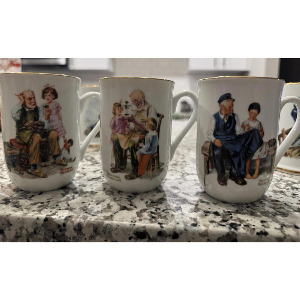 Vintage 1982 Norman Rockwell Museum Coffee Mugs Set Of 3 Cups White Gold Trim